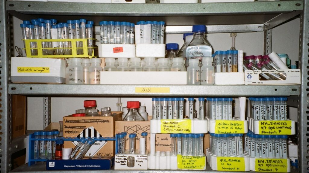 Laboratory shelves holding test tubes, vials and bottles