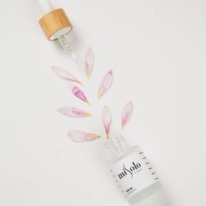 Cosmetic serum bottle with dropper on a plain white background